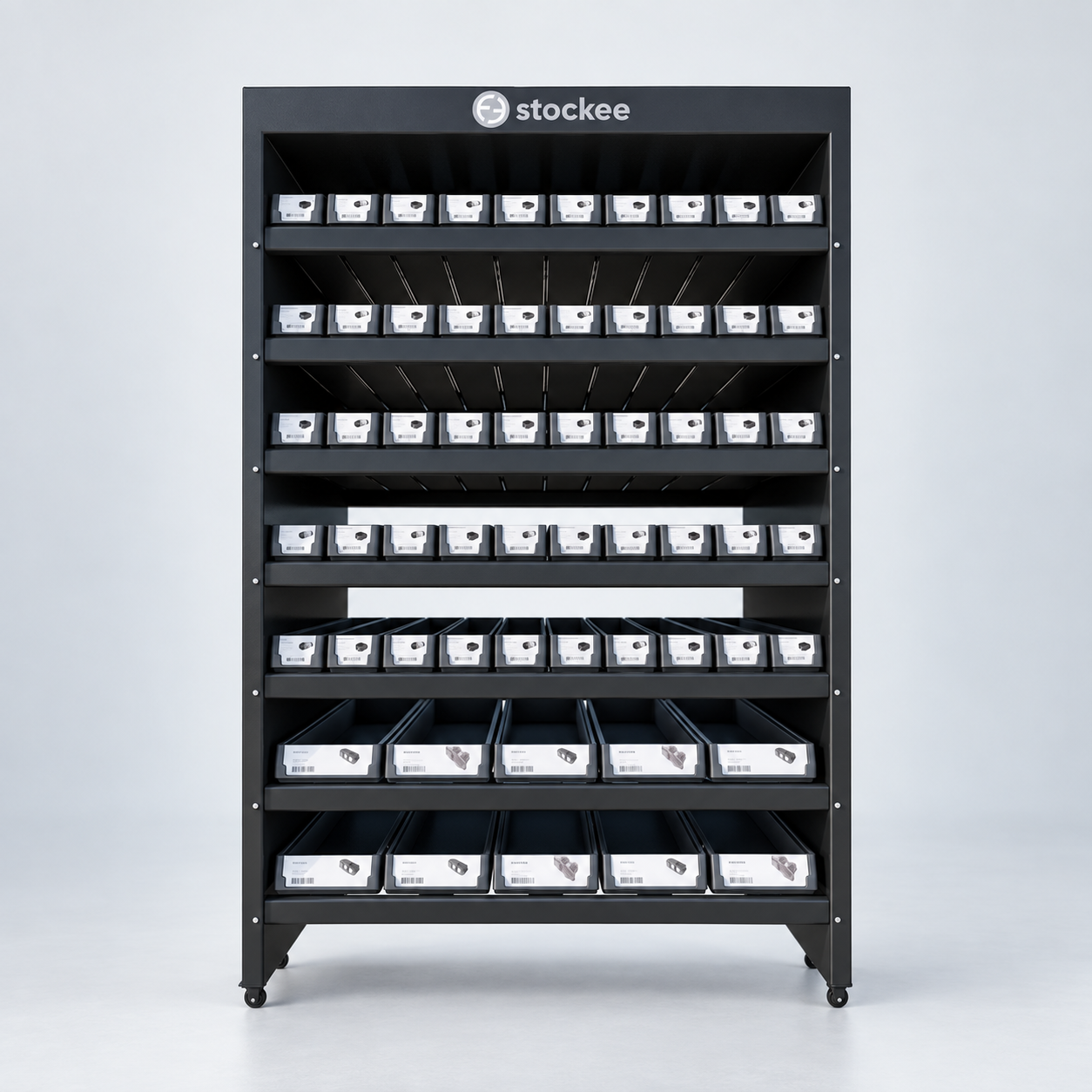 Stockee Smart Shelf with seven rows of inventory bins